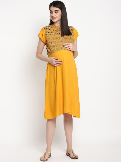 

The Vanca Women Mustard Printed A-Line Dress