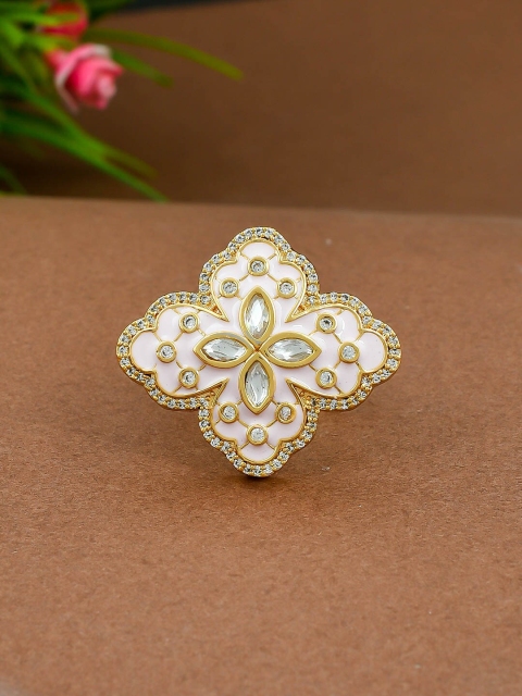 

Imittire Gold-Plated White Kundan-Studded Enamelled Adjustable Finger Ring