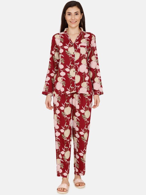 

Zivame Women Maroon & Beige Floral Printed Night suit