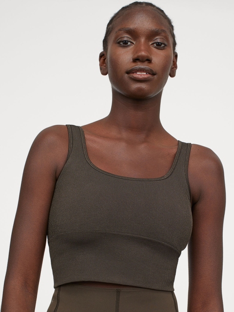 

H&M Women Olive Green Solid Seamless Sports Bralette 0852174004