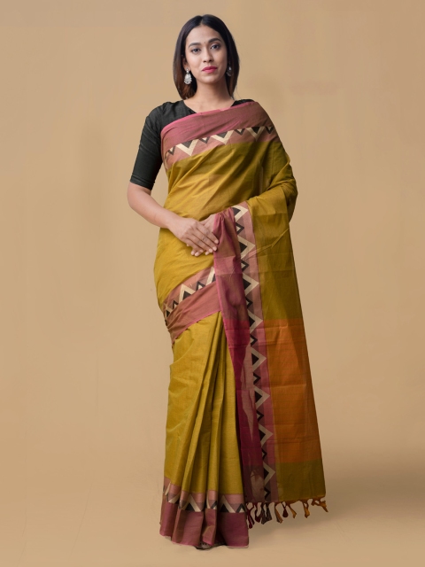 

Unnati Silks Yellow & Green Pure Cotton Solid Handloom Saree