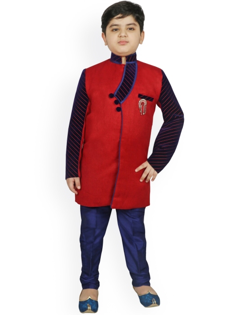 

SG YUVRAJ Boys Maroon and Navy Blue Solid Sherwani Set