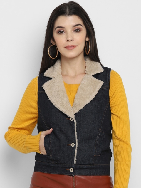 

FOSH Women Navy Blue Striped Tailored Jacket