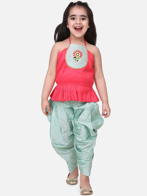 

BownBee Girls Pink & Green Embroidered Top with Dhoti Pants