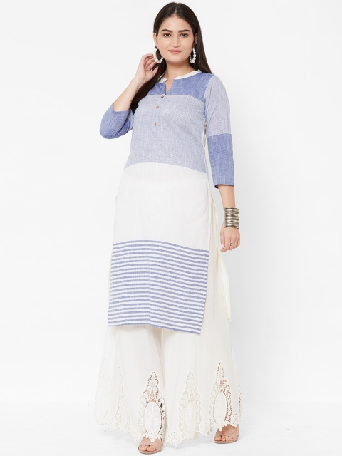

Vedic Women White & Blue Striped Straight Kurta