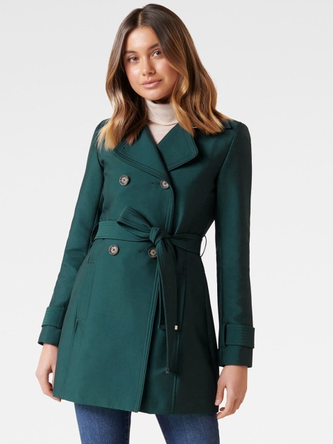 

Forever New Women Green Solid Double-Breasted Trench Coat