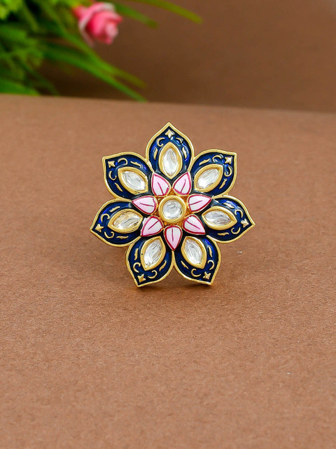 

Imittire Women Gold-Plated Blue & Pink Enamelled Kundan Polki Cocktail Ring