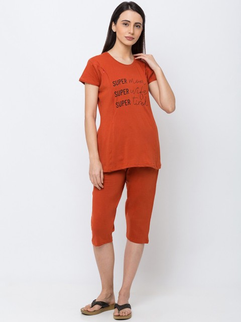 

MomToBe Women Rust Printed Maternity & Feeding Night suit