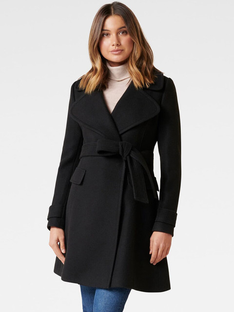

Forever New Women Black Solid Wrap Coat with Belt