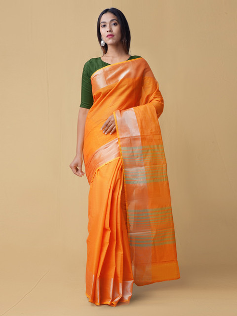 

Unnati Silks Orange Handloom Woven Design Pure Cotton Saree
