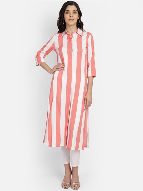 

Yaadleen Women Coral Pink & White Striped A-Line Kurta
