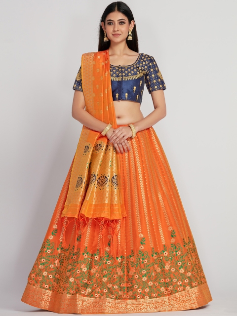 

MIMOSA Orange & Blue Embroidered Semi-Stitched Lehenga & Blouse with Dupatta
