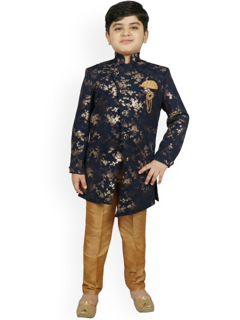 

SG YUVRAJ Boys Navy Blue & Brown Floral Printed Sherwani Set