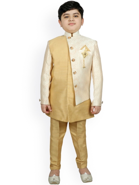 

SG YUVRAJ Boys Beige & Gold-Colored Printed Raw Silk Sherwani Set
