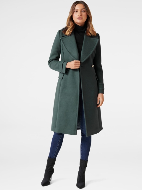 

Forever New Women Green Solid Knee-Length Wrap Coat