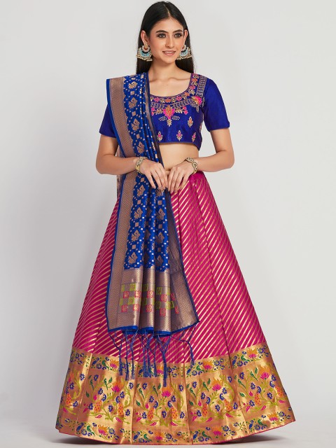 

MIMOSA Pink & Navy Blue Embroidered Semi-Stitched Lehenga & Blouse with Dupatta
