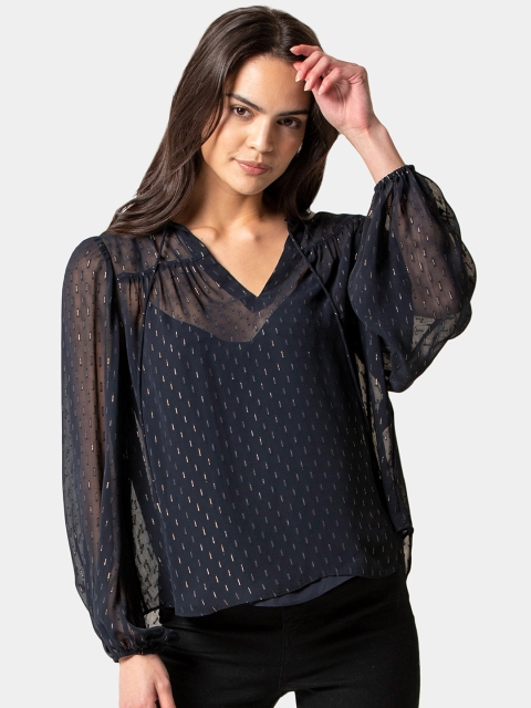 

Forever New Women Navy Blue Self Design Top
