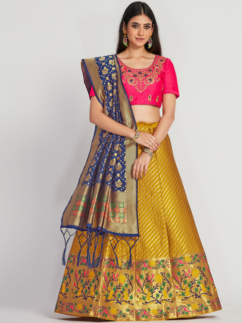 

MIMOSA Gold & Pink Embroidered Semi-Stitched Lehenga & Blouse with Dupatta