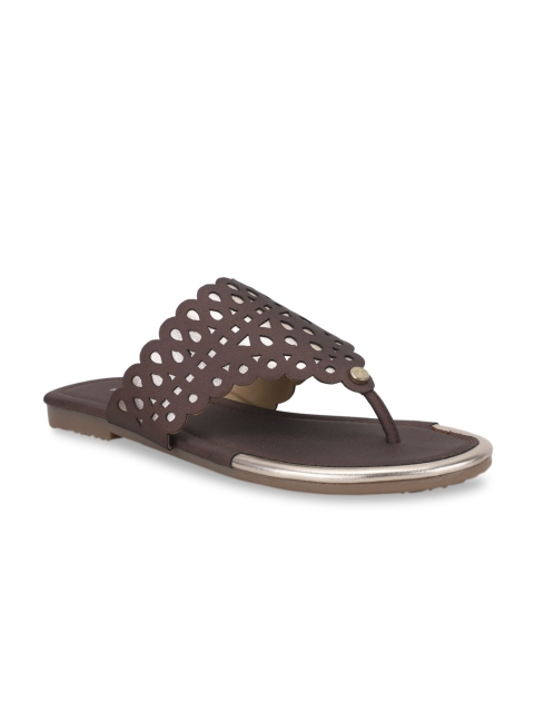 

Footin Women Brown Embellished PU Open Toe Flats