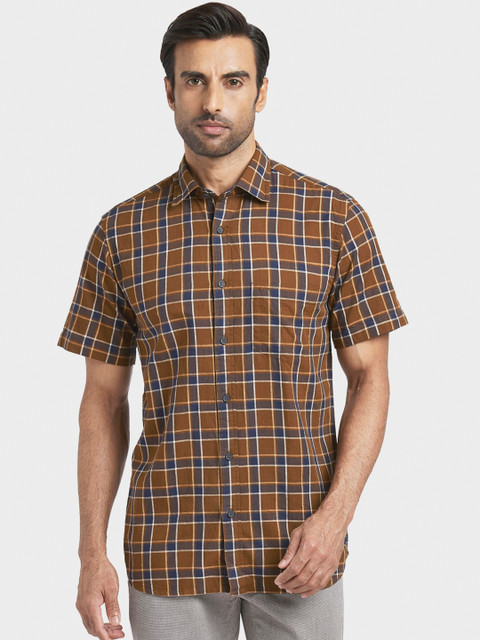 

ColorPlus Men Khaki & Blue Regular Fit Checked Casual Shirt