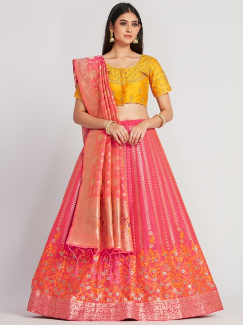 

MIMOSA Pink & Yellow Embroidered Semi-Stitched Lehenga & Blouse with Dupatta
