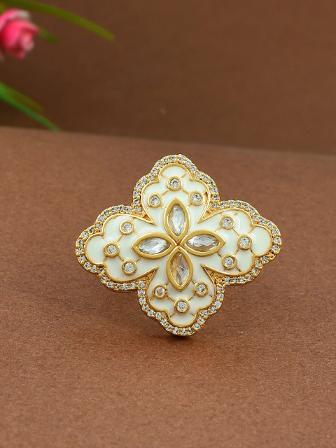 

Imittire White & Gold-Toned Kundan Studded Finger Ring