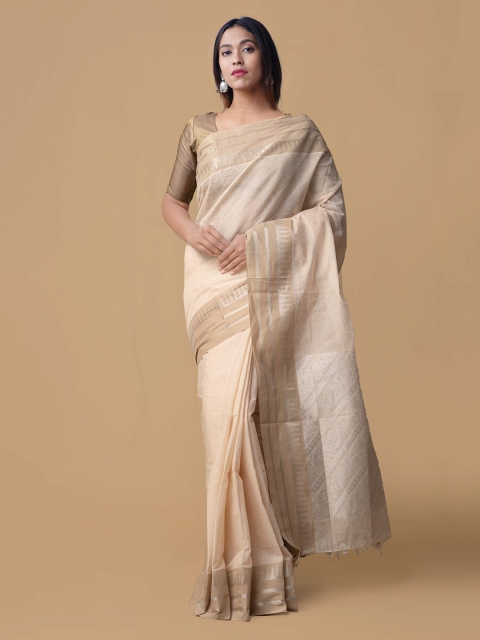 

Unnati Silks Cream-Coloured Solid Pure Cotton Handloom Saree