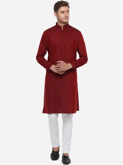

JADE BLUE Men Maroon Solid Straight Handloom Modi Kurta