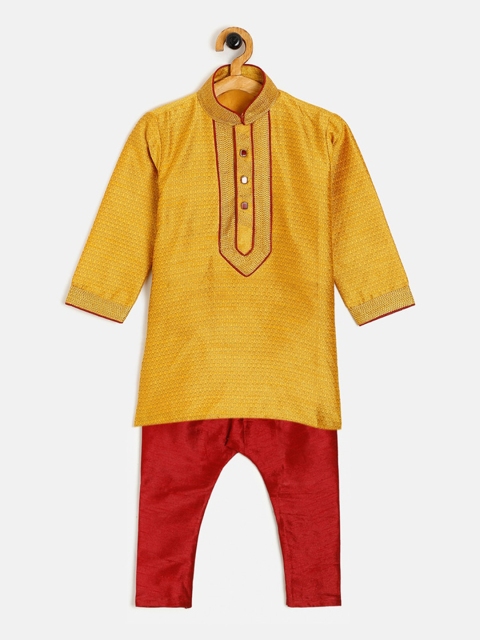 

Aomi Boys Yellow & Red Self Design Kurta with Pyjamas