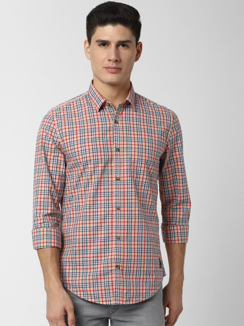 

Peter England Casuals Men Peach-Coloured & Blue Slim Fit Checked Casual Shirt