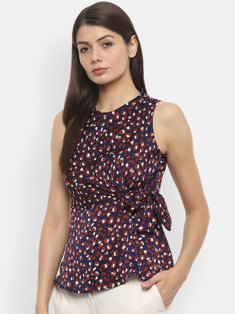 Van Heusen Women Navy Blue Printed Cinched Waist Top