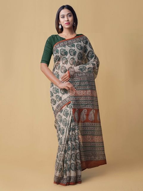 

Unnati Silks Cream-Coloured & Green Pure Cotton Printed Kota Saree