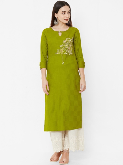 

Os Women Olive Green Embroidered Straight Kurta