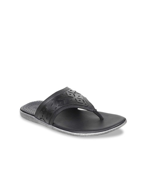 

Metro Men Black Solid Leather Comfort Sandals
