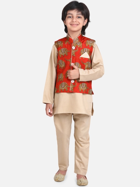 

BownBee Boys Beige & Red Solid Kurta with Pyjamas & Nehru Jacket
