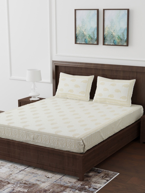 

Gulaab Jaipur Gold-Toned & White Ethnic Motifs 260 TC Cotton 1 Queen Bedsheet with 2 Pillow Covers