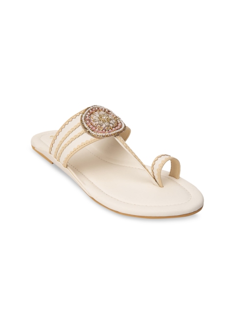 

Jivaana Women White Embellished Synthetic Patent One Toe Flats