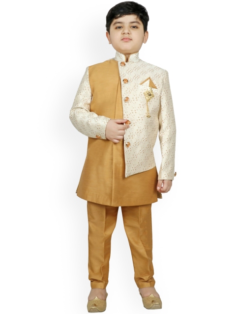 

SG YUVRAJ Boys Golden & Off-White Solid Sherwani Set, Gold