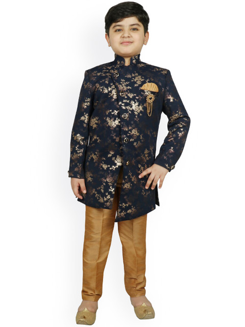 

SG YUVRAJ Boys Navy Blue & Gold-Colour Printed Raw Silk Sherwani