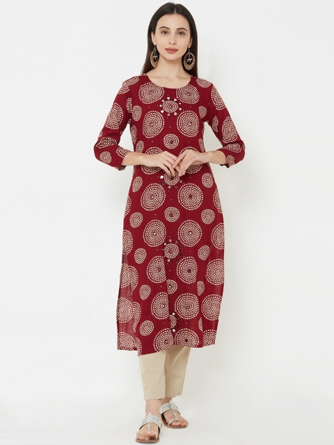 

FASHOR Women Maroon & Cream Printed Straight Kurta