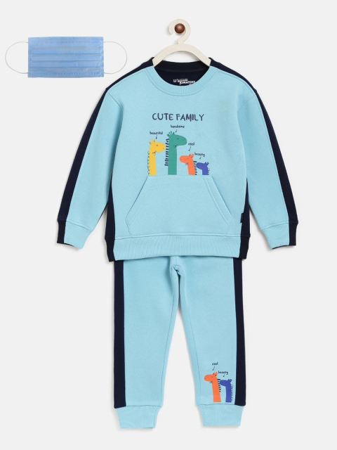 

Lil Tomatoes Boys Blue Printed Track Suit with 3-Ply Face Mask