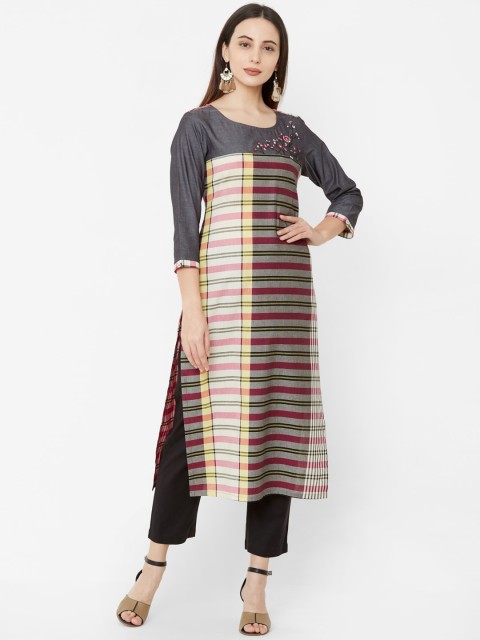 

Os Women Grey & Beige Striped A-Line Kurta