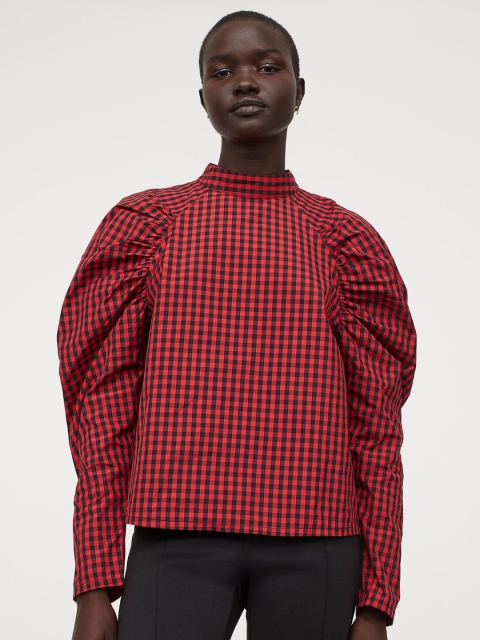 

H&M Women Red & Black Checked Puff-Sleeved Blouse