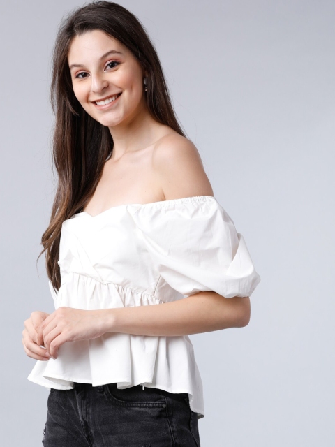 

Tokyo Talkies Women White Solid Bardot Pure Cotton Top