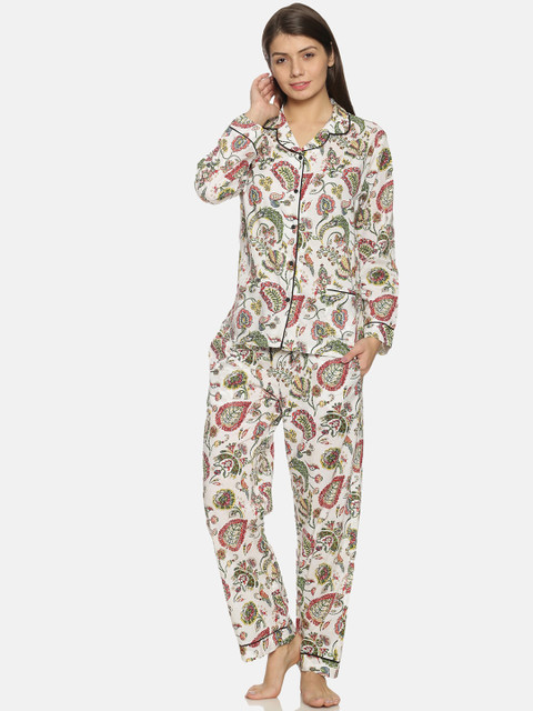 

Bene Kleed Women White & Green Ethnic Printed Night Suit with Anti Bacterial Finish
