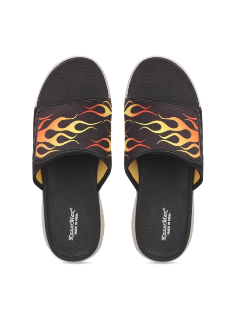 

KazarMax Men Black & Yellow Printed Sliders