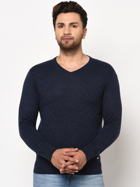 

98 Degree North Men Navy Blue Striped Pullover Sweater