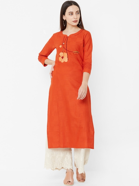 

Os Women Orange Embroidered Straight Kurta
