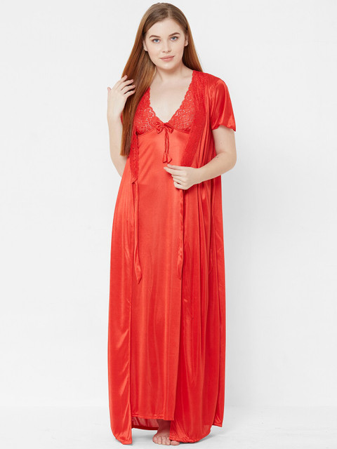 

FashionRack Red Solid Nightdress with Robe