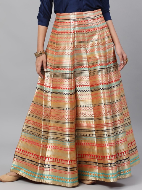AKS Couture Women Orange & Gold-Coloured Zari Jacquard Work Skirt